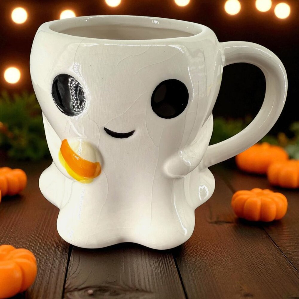 Halloween Smiling Ghost Candy Corn Ceramic Mug Jack O' Lantern Lane READ FLAW!